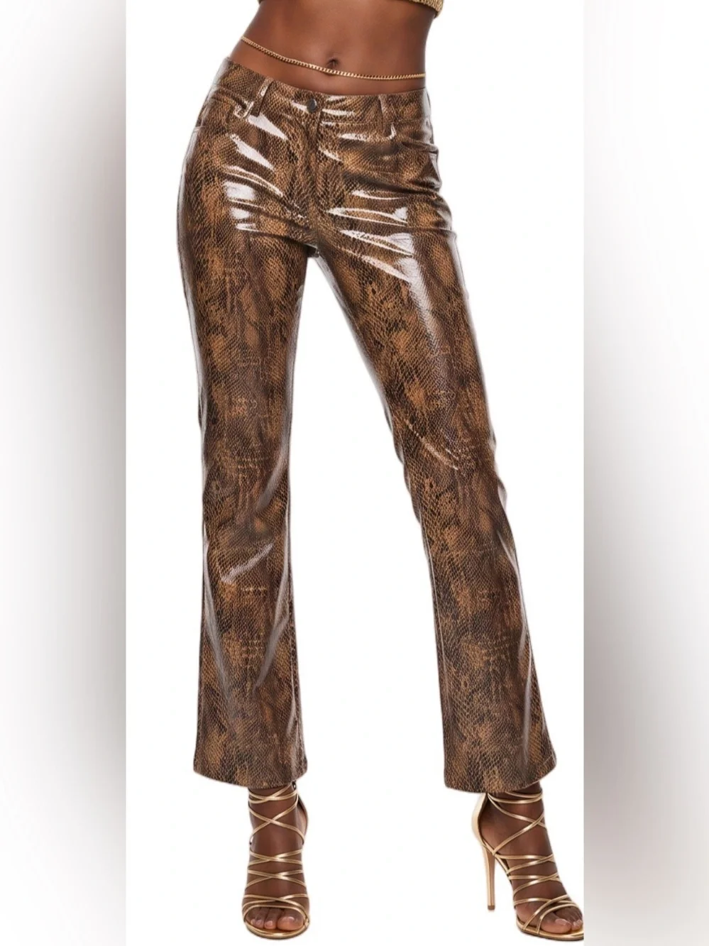 VINTAGE Y2K Tan Metallic Gold Shimmering Snake Scales Low Rise Bootcut Pants 6 - Picture 10 of 11